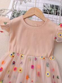 少女休闲度假风彩色花卉刺绣网纱长袖连衣裙，适合夏季穿着 - 藕粉色 - 查看 3