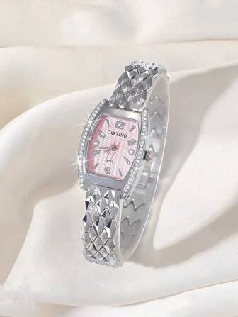 CARYINO Silver Ladies' Rhombus Stainless Steel Watch Band, Classic And Elegant, Decorated With Dazzling Diamonds And Quartz Movement, Suitable For Daily Wear As A Gift For Students Returning To School