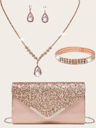 LETODE VÄSKA 4 delar Dam Rhinestone Evening Clutch Bag Strass Ear Clip Bröllop Choker Armband Dangle Bling Glitter Handväska