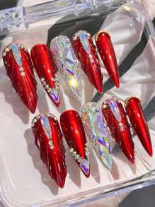 10 件/套红色美人鱼风格奢华水晶装饰假指甲，带随机水钻图案，成品指甲套，适合女性派对、婚礼和日常佩戴，附赠 1 件果冻凝胶和 1 件指甲锉 - 紅色 - 查看 1