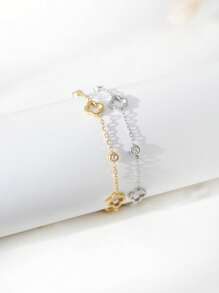 TONSI 1件18K镀金时尚优雅镂空四叶草手链，镶嵌人造锆石，钛钢材质，镀18K金，低过敏性钛钢材质，适合女性日常聚会、派对和节日场合佩戴。 - 彩色 - 查看 3