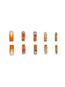 24 piezas de uñas postizas 3D con diseño de Osito de peluche y gradiente de color naranja al estilo Y2K, adecuadas para el uso diario de mujeres y niñas, suministros para uñas - Naranja Quemada - Ver 3