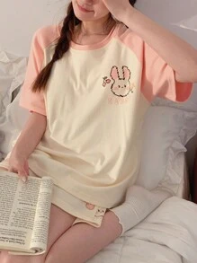 2pcs Women's Summer Cartoon Girl Printed Thin Short Sleeve Round Neck Home Wear Pajama Set, Can Be Worn Outside, Two Pieces Set