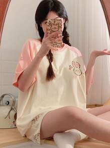 2pcs Women's Summer Cartoon Girl Printed Thin Short Sleeve Round Neck Home Wear Pajama Set, Can Be Worn Outside, Two Pieces Set