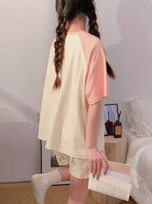 2pcs Women's Summer Cartoon Girl Printed Thin Short Sleeve Round Neck Home Wear Pajama Set, Can Be Worn Outside, Two Pieces Set