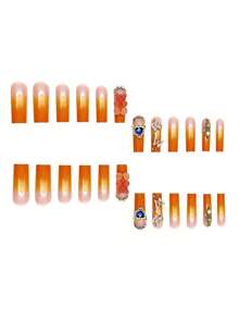 24 piezas de uñas postizas 3D con diseño de Osito de peluche y gradiente de color naranja al estilo Y2K, adecuadas para el uso diario de mujeres y niñas, suministros para uñas - Naranja Quemada - Ver 2