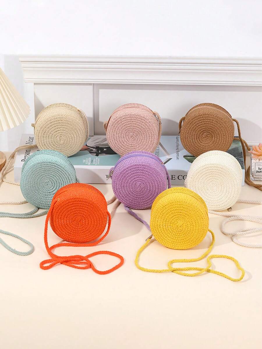 [迷你尺寸] 1 件直径 4.72 英寸平纹编织圆形拉链斜挎包，多种颜色，适合度假、日常使用和女孩 - A - 查看 1