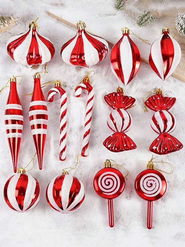 14/24pcs Christmas Ball Ornaments Red Candy Cane Xmas Tree Hanging Pendants Christmas New Year Home Decorations 2025 Gift