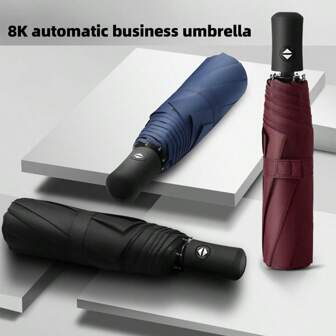 1pc Fully Automatic Open Umbrella, One-Button Open, Suitable For Sunny And Rainy Days, 8 Ribs, Solid Color Business Umbrella, Black Coating UPF50+, Sun-Blocking Umbrella, Triple Folding Parasol, Solid Color Foldable Umbrella, Unisex, Single Person Umbrella, Summer UV Protection Umbrella, Rainy Day Gift Umbrella, Travel Umbrella, High Density Impact Cloth Umbrella, Wedding Photography Umbrella, Elegant Design, Comfortable Grip