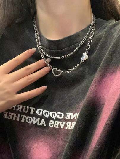 1pc Dual Layer Alloy Collarbone Chain, A Sweet And Refreshing Accessory Necklace Suitable For Pairing With T-Shirts And Others