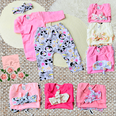 kit 10 peças enxoval para bebe menina com faixa  100% algodão - roupinha para menina 3 body, 3 calça, 2 faixa e 2 par de meia - roupa de bebe menina