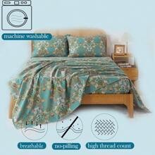Zusbest Zusbest 4 Pcs Percale Cotton Teal Blue Bed Sheets Set Boho American Style Bedding Luxury Soft Breathable Crisp Bed Deep Pocket Fitted Sheet For All Season