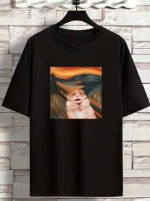 Camisetas para hombres, camiseta estampada con una divertida imagen de un hámster en la pintura El Grito, camiseta de manga corta y cuello redondo casual para verano, primavera y otoño, camisetas gráficas para hombres, tops como regalos - Negro - Ver 1