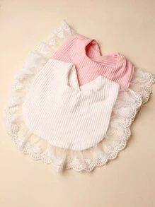 2pcs Soft And Stretchy Lace Ruffle Trim Baby Bib Set In Candy Colors, Suitable For Daily Use