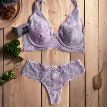 Conjunto de Lingerie Rendado Sutiã Meia Taça e bojo forrado Luxo Calcinha fio dental Sexy Lingerie Feminina