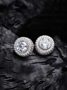 2 peças brincos de pino redondos minimalistas de cobre hip-hop com zircônia cúbica, adequados para uso diário masculino