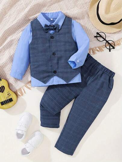 Young Boy Plaid Print Vest Blazer & Pants & Bow Front Shirt