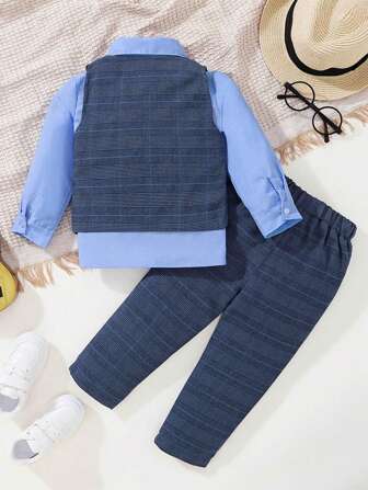 男童格子印花背心外套、裤子和蝴蝶结前襟衬衫