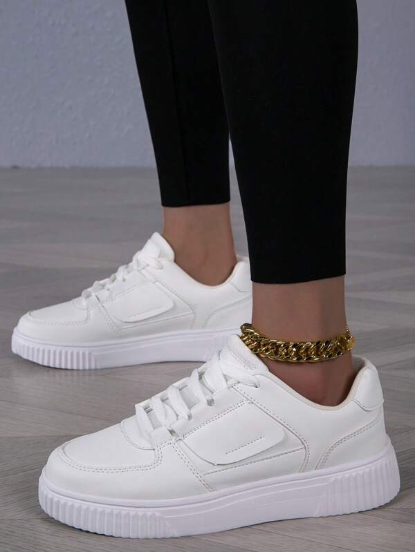 Tênis casual feminino de cano baixo, cor sólida, simples, tênis branco, calçados para estudantes, calçados para caminhada ao ar livre