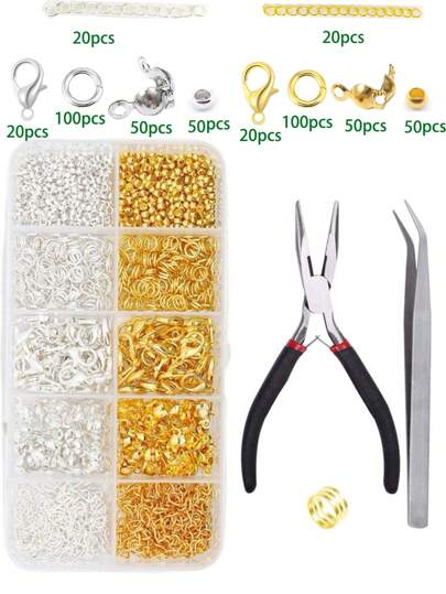 1 Box Jump Rings, Lobster Clasps, Tail Chains, Spacer Beads, 1 Plier, 1 Tweezer, 1 DIY Jewelry Making Material Jump Ring Set