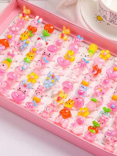 10pcs Colorful Cute Cartoon Style Clear Mixed Fruit Animal Princess Ring Set (Random Color & Style Without Box), Jewelry Accessories Gift For Girls And Boys