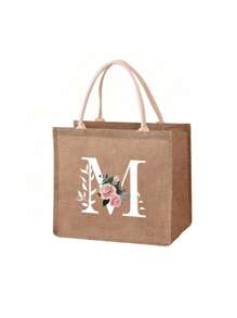 Mini Floral & Letter Print Linen Tote Bag, Women's Fashion Shopping Bag/Handbag/Grocery Bag, Teacher's Portable Tote Bag, Ideal Shopping Tote/Lunch Bag - Khaki - View 18