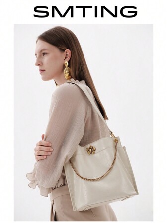 SMTING Large Capacity Floral Bucket Bag, High-End Feel, White, Shoulder/Crossbody Bag, Office/Travel/Vacation Use For Women