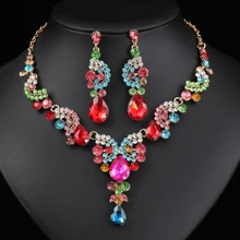 Lujoso y elegante conjunto de joyería de 3 piezas para mujeres con piedras preciosas de colores, que incluye aretes y collar, adecuados para novias, bodas y fiestas - conjunto de joyas - Ver 1