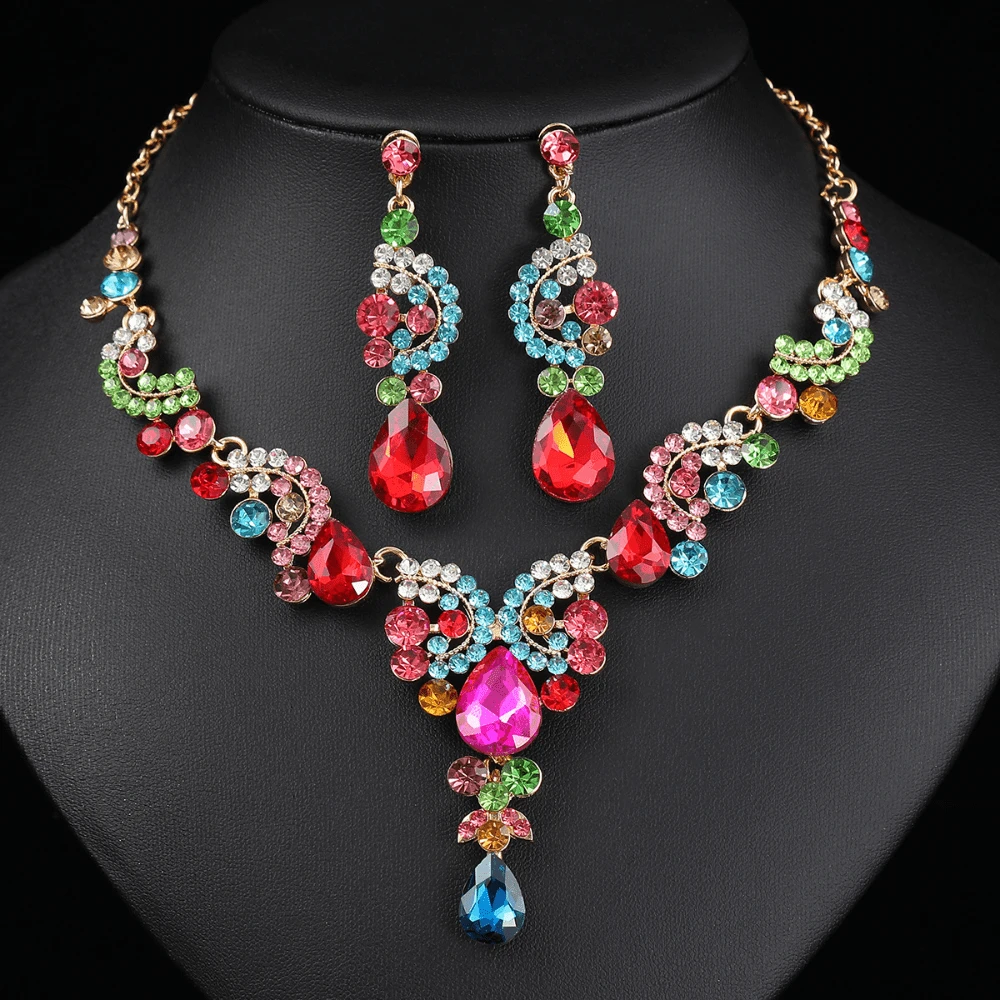 Lujoso y elegante conjunto de joyería de 3 piezas para mujeres con piedras preciosas de colores, que incluye aretes y collar, adecuados para novias, bodas y fiestas - conjunto de joyas - Ver 1