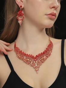 3pcs European And American Vintage Crystal Jewelry Set, Consisting Of Exaggerated Short Necklace And Earrings, Ideal For Evening Banquets, Court Style