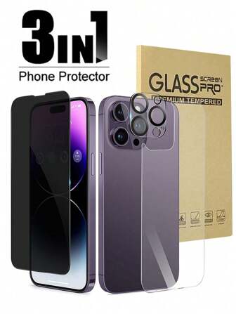 [3 Packs] Privacy Tempered Glass Film Front & Back Protector & Camera Lens Protector Compatible With IPhone Compatible With IPhone 16/16 Plus/16 Pro/16 Pro Max/15/15Pro/15 Plus/15 Pro Max/14/13/12/11 Gift For Birthday, Family, Friends Anti-Spy, Phone Screen Protector, Phone Accessories