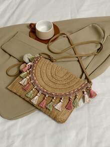 1 bucă geantă țesătă pentru umăr, decorată cu ciucuri cu blocare de culoare, pentru femei, potrivită pentru uz zilnic, întâlnire și cadou