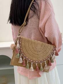 1 bucă geantă țesătă pentru umăr, decorată cu ciucuri cu blocare de culoare, pentru femei, potrivită pentru uz zilnic, întâlnire și cadou