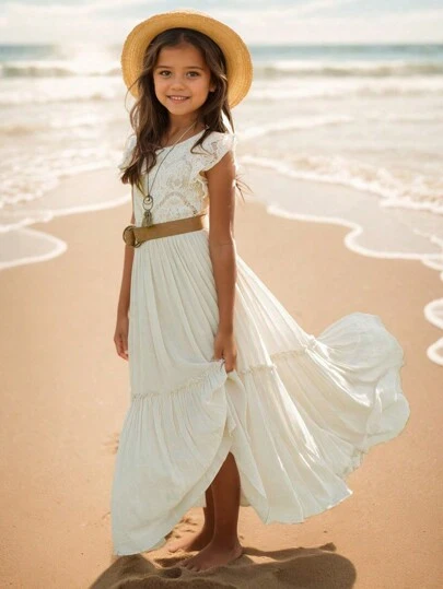 Tween Girl Mid-Tween Girl S Hollow Out Flower Lace Long Dress, Teenage Elegant Cap Sleeve And Big Swing Joint Dress