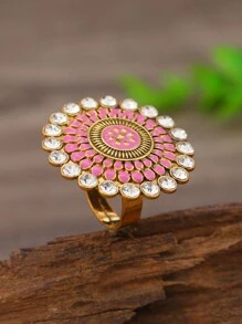 1 Stück Boho-Stil Blumen Ring aus lasergeschnittenem Metall mit Kristallen, geeignet für den täglichen Gebrauch von Frauen, Valentinstag
