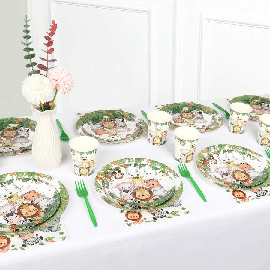 125 Pcs Forest Animal Pattern Custom Theme Party Party Disposable Set Party Supplies - màu đen - Xem 1