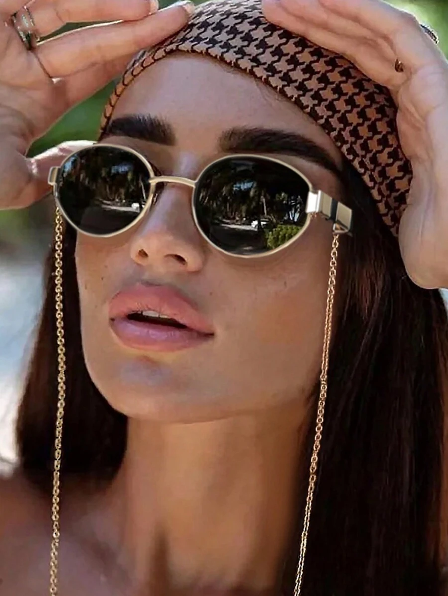 1 ชิ้น แว่นตารูปรีรูปสวยจากโลหะแฟชั่นพร้อมสายโซ่โลหะถอดได้เป็นอุปกรณ์