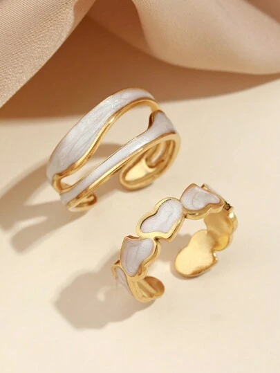 2pcs Stainless Steel Fashionable And Simple Style Women's White Oil Drop Positive And Negative Love Open Ring Set, Suitable For Women's Daily Wear Or Gift Giving Valentines,Mom,Mother,Mother's Day,Gift