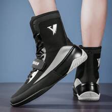 男式高筒摔跤鞋拳擊訓練靴作戰靴，適用於泰拳、踢拳、健身沙達 - 黑色 - 查看 4