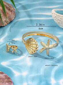 1套女裝時尚套裝，極簡海洋風格，個性化海貝殼、海星、金色手鐲、戒指套裝，適用於日常通勤、派對等 - 海星貝殼套裝 - 查看 8