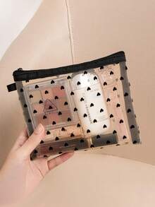 1入網狀化妝包，中號女士新款口紅化妝品組織者旅行便攜迷你心形圖案收納袋，簡單的夏季直角旅行美容收納袋化妝工具