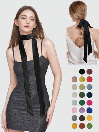 1 件女士纯色窄长丝带围巾，春/夏/秋季多用途脖子/装饰腰带/头带/绑包/穿孔丝带头巾