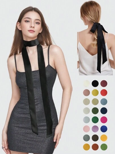 1 件女士纯色窄长丝带围巾，春/夏/秋季多用途脖子/装饰腰带/头带/绑包/穿孔丝带头巾