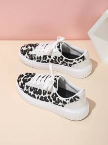 新款女士时尚渐变黑白豹纹休闲运动鞋，时尚派对单品，百搭风格，都市系列，圆头系带舒适运动鞋，渐变反光豹纹设计 - 黑白迷彩豹紋 - 查看 5