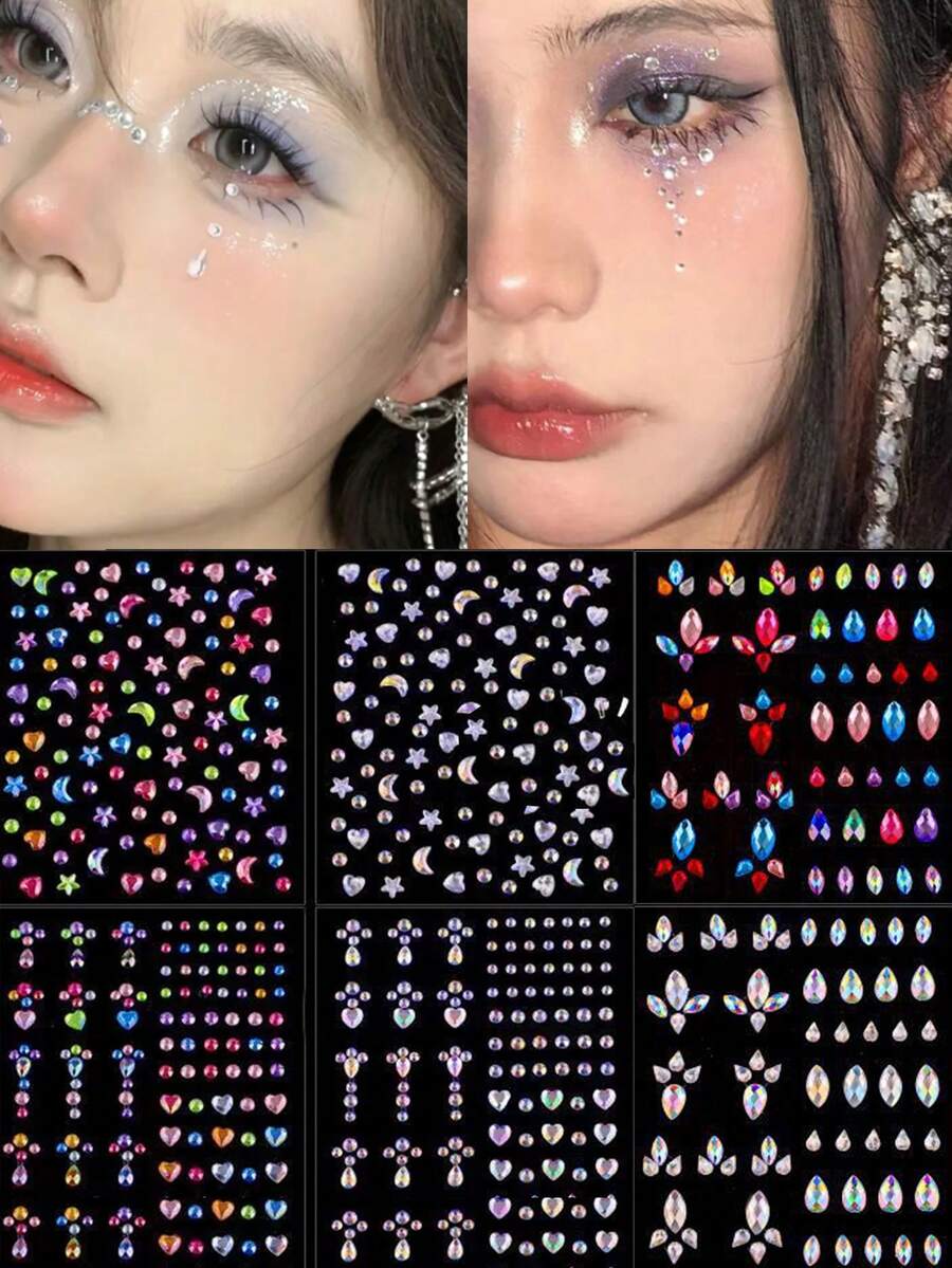 1 pieza Etiqueta adhesiva para la cara de joya para fiestas, festivales de música, conciertos y bailes para un look de maquillaje DIY, decoración de la cara brillante con diamantes de imitación en forma de lágrima para niñas, etiqueta adhesiva de perlas y piedras preciosas para el Body, etiqueta adhesiva para la cara creativa de varios colores para discotecas y decoración de la cara