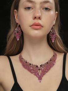 3pcs European And American Vintage Crystal Jewelry Set, Consisting Of Exaggerated Short Necklace And Earrings, Ideal For Evening Banquets, Court Style