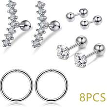 8 件/套简易穿孔套件，包括耳环、鼻环、唇环、舌环、螺旋耳环、螺丝球、钛钢、不锈钢耳环、铜方晶锆石镶嵌，适合男女的奢华珠宝礼物，时尚朋克、极简主义、派对、日常佩戴、睡觉时佩戴 - 8件套穿刺 - 查看 4