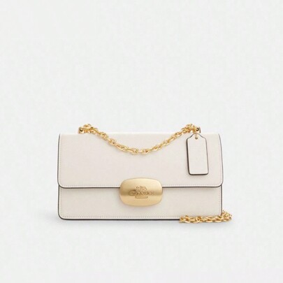 Coach Bolso cruzado Eliza con solapa en lienzo con firma, bolso liviano para ir y venir, bolso de hombro de moda para mujer, bolso cuadrado con cadena de metal Chalk CP008 IMCHK