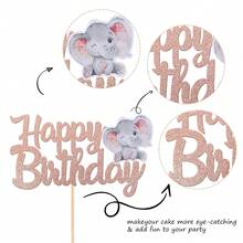 1 pieza de tóper de pastel de cumpleaños con elefante rosa feliz, decoración con glitter de animal de la jungla, pica de pastel de cumpleaños con elefante para suministros de fiesta de cumpleaños con tema de elefante, color rosa dorado - Rosa Oxidada - Ver 4