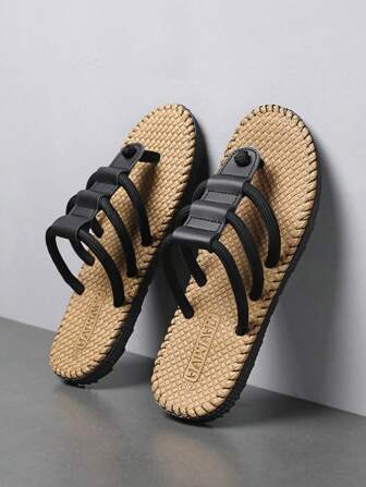 2024新款時尚透氣沙灘涼鞋，柔軟防滑拖鞋，夏季開趾拖鞋，黑色